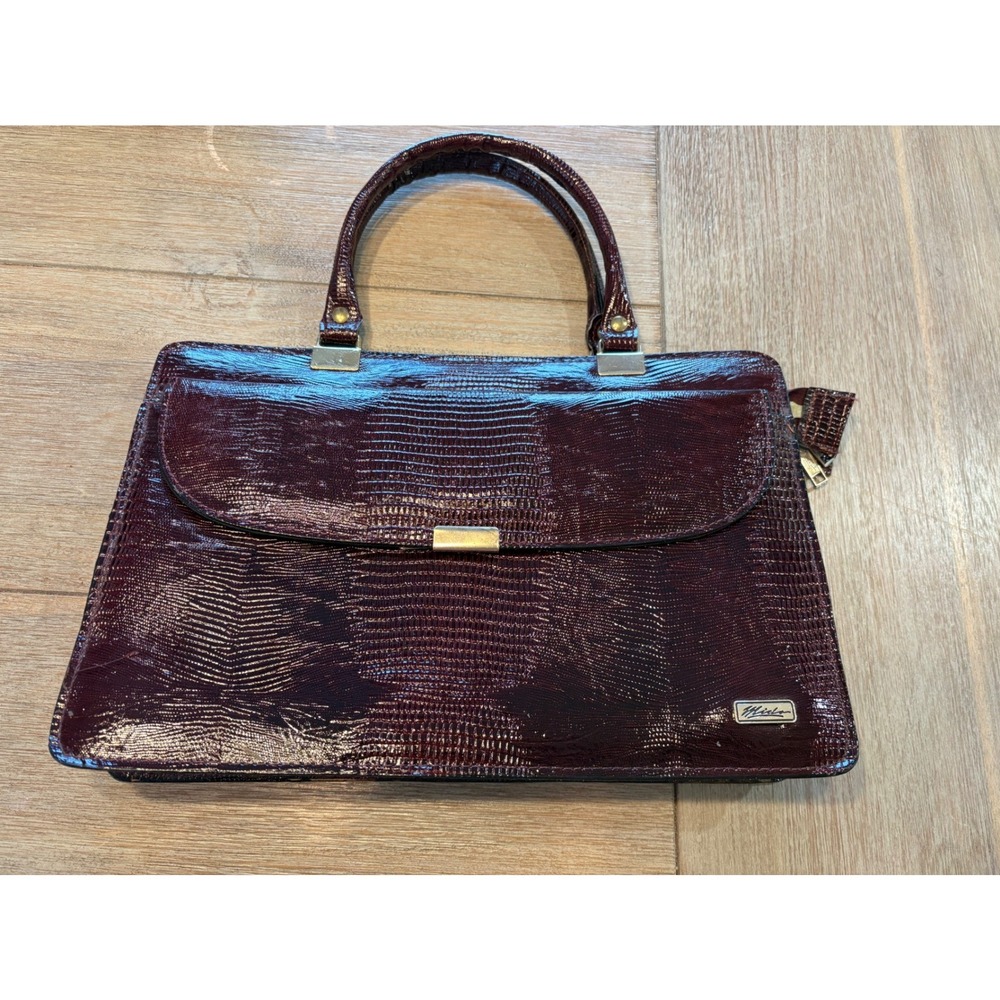 Mido Products Vintage Burgundy Faux Lizard Satchel Handbag Patent Made in Korea‎